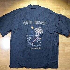 Tommy Bahama Shirt Mens XL Black Silk Paradise Open Hawaiian Golf Embroidered